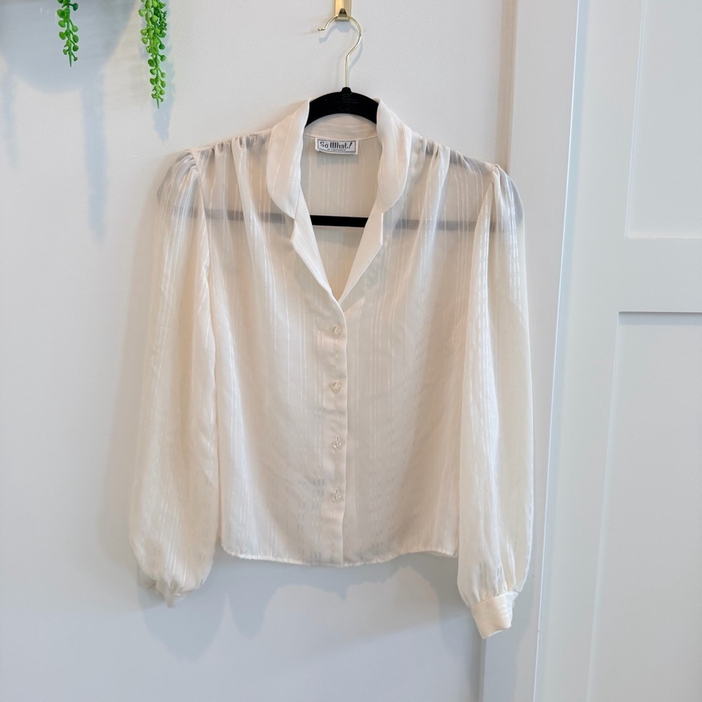 So What! of California 80's Vintage Elegant Cream Sheer Long Sleeve Blouse Small